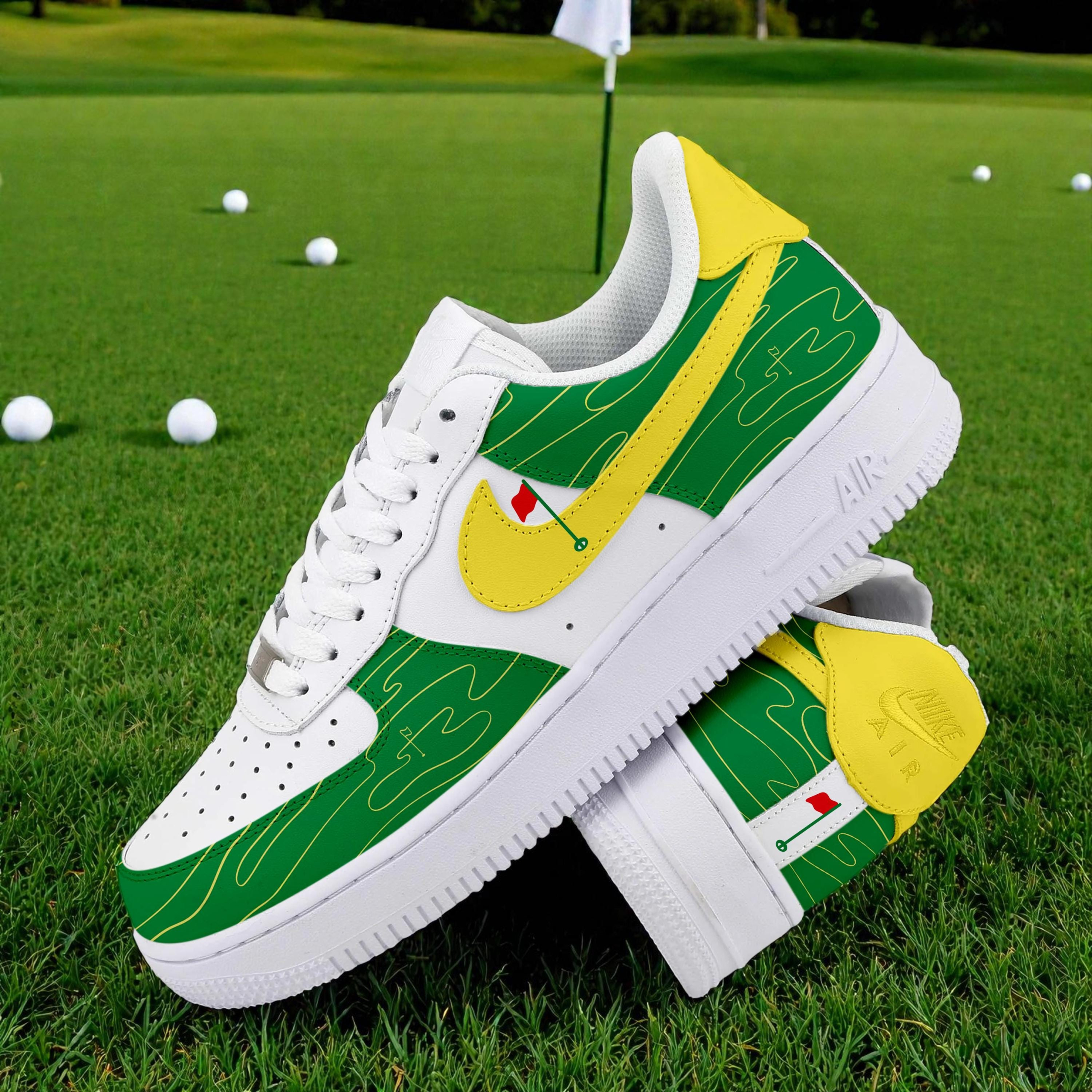 Custom Golf Af1 Sneakers Shoes with Green and Yellow Golf, Personalized Sports Shoes Unique Golf Gift NNA